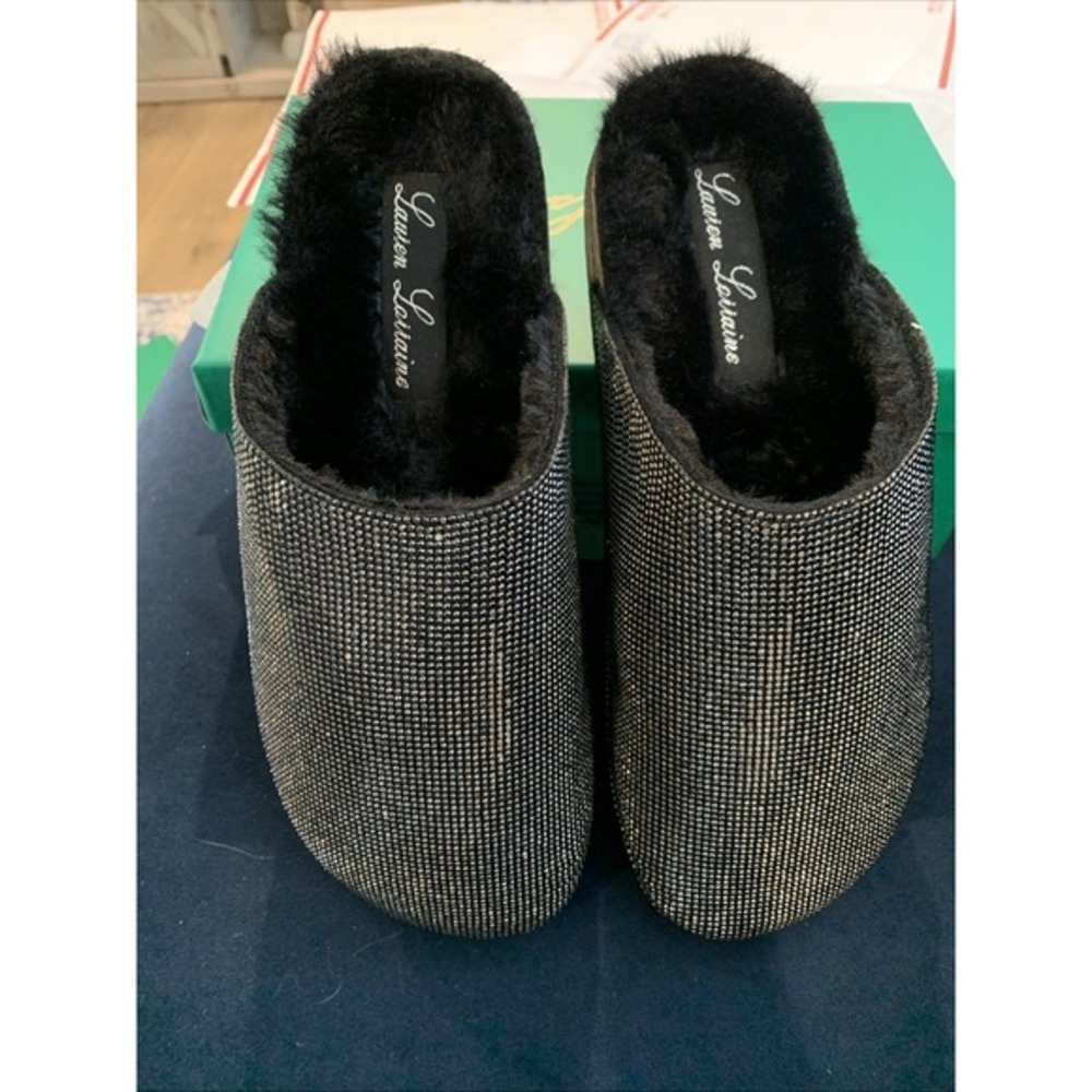 Lauren Lorraine Lizzy Black Pewter  Rhinestone Slides Faux Fur Lined Size 9 1/2 - Picture 3 of 5
